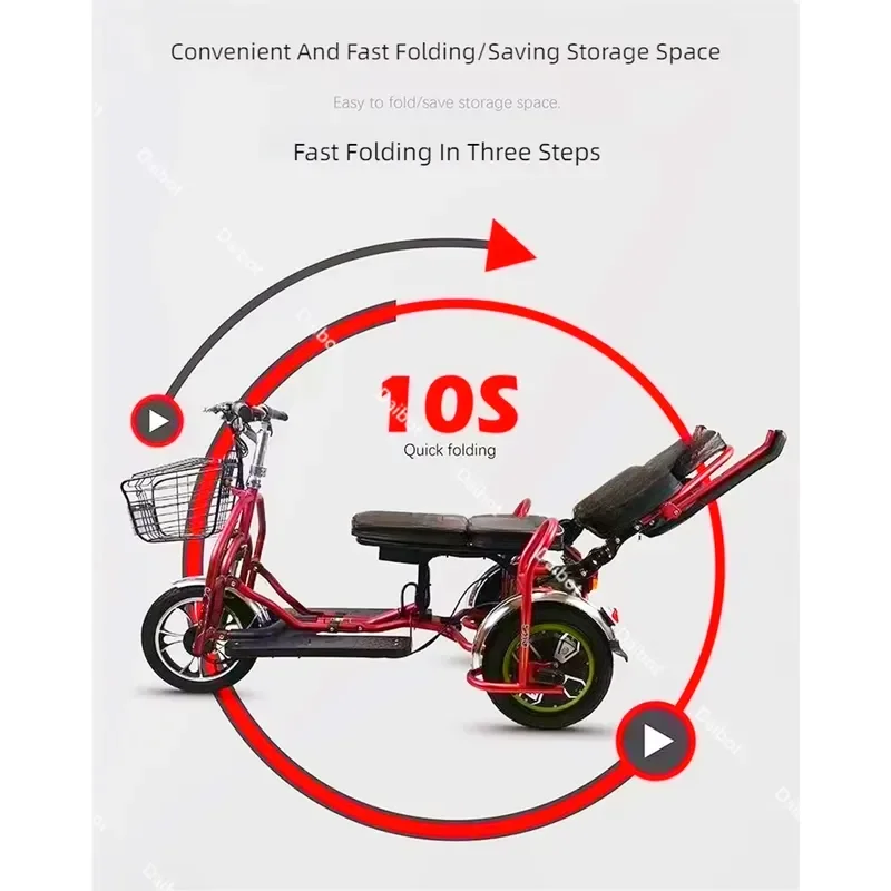 Folding Electric Scooter for Adults 3 Seats for Senior Family Dual Motor 350W x 2 Small Electric Tricycle with Backrest view 4