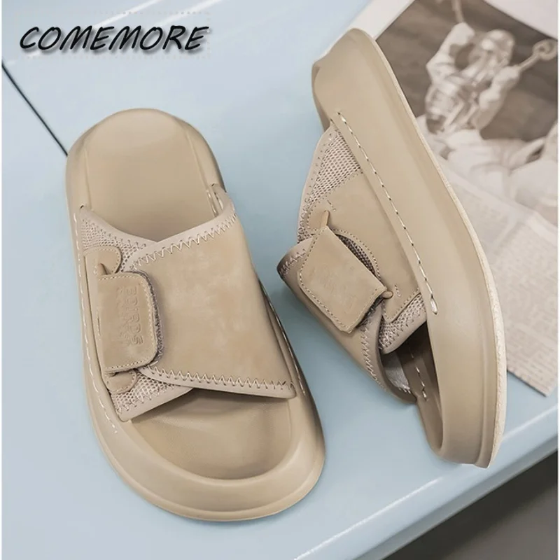 Comemore Men's Thick-Soled Indoor Outdoor Slippers Summer Woman Soft-Soled Sandals Couples' Causal Velcro Wide-Foot Beach Shoes