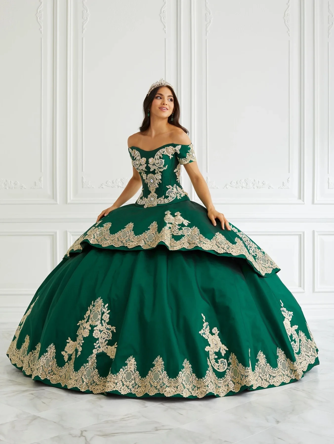 Green Charro Quinceanera Dresses Ball Gown Off The Shoulder Satin Appliques Puffy Mexican Sweet 16 Dresses 15 Anos Customized