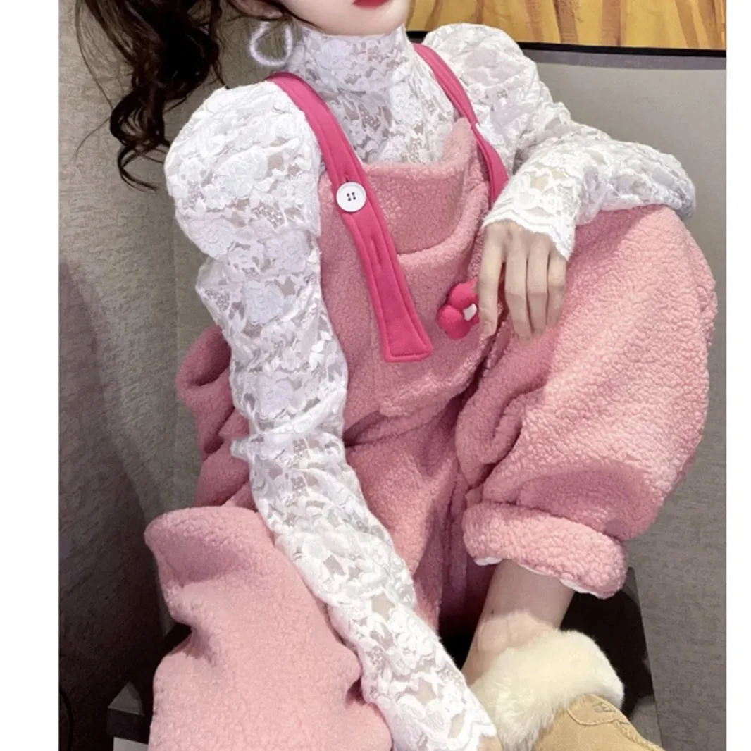 2024 Solid Pink Kawaii Fleece Overalls Christmas Holiday New Year Flower Loose Pants