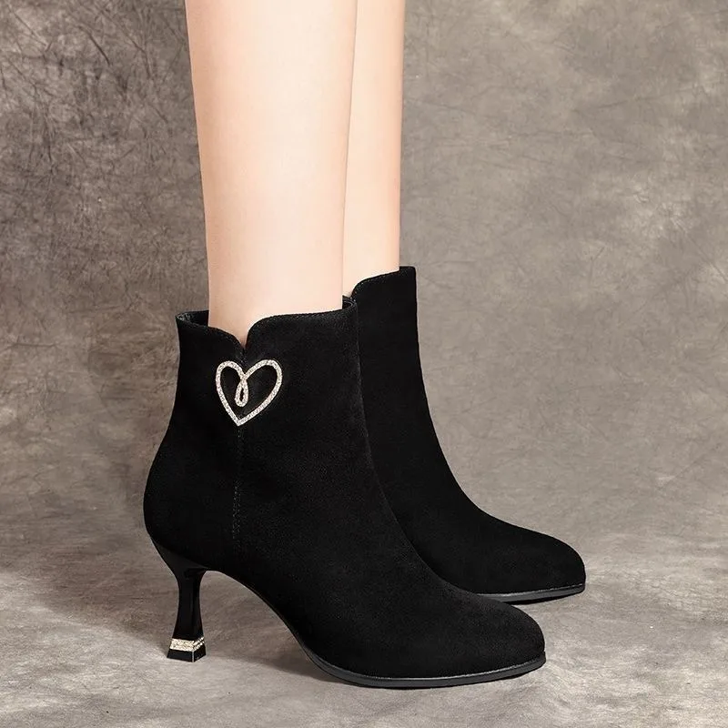 Botas de Mujer, Botas cortas de tacón alto puntiagudas a la moda, botines informales de gamuza para Mujer, Botas cálidas de felpa para Invierno, Botas de Invierno para Mujer