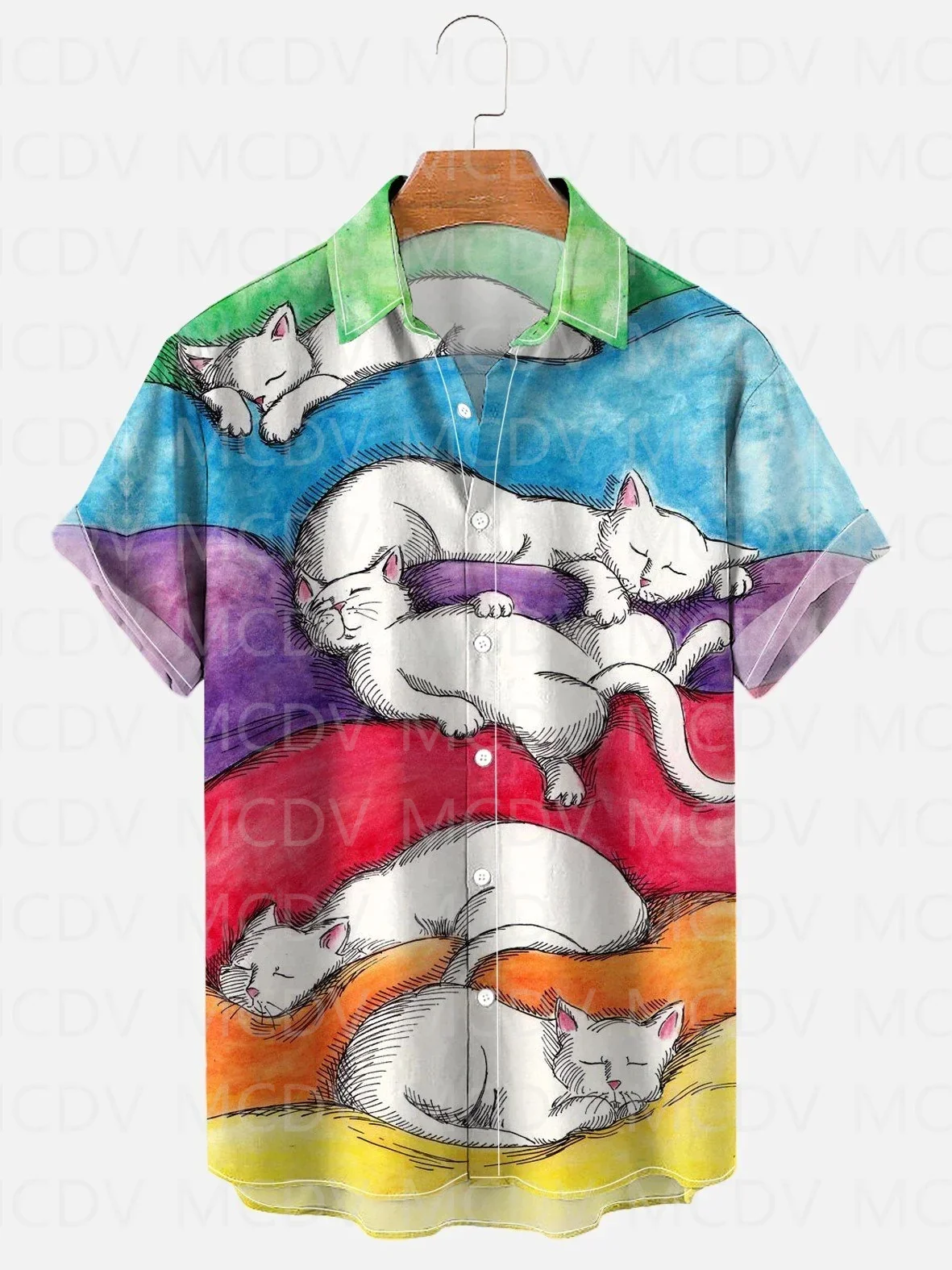 Funny Rainbow Watercolor White Cat Sleeping  Aloha  Tie Dye Hippie Peace And Love Graphic Men's Vacation Beach Hawaiian Shirts
