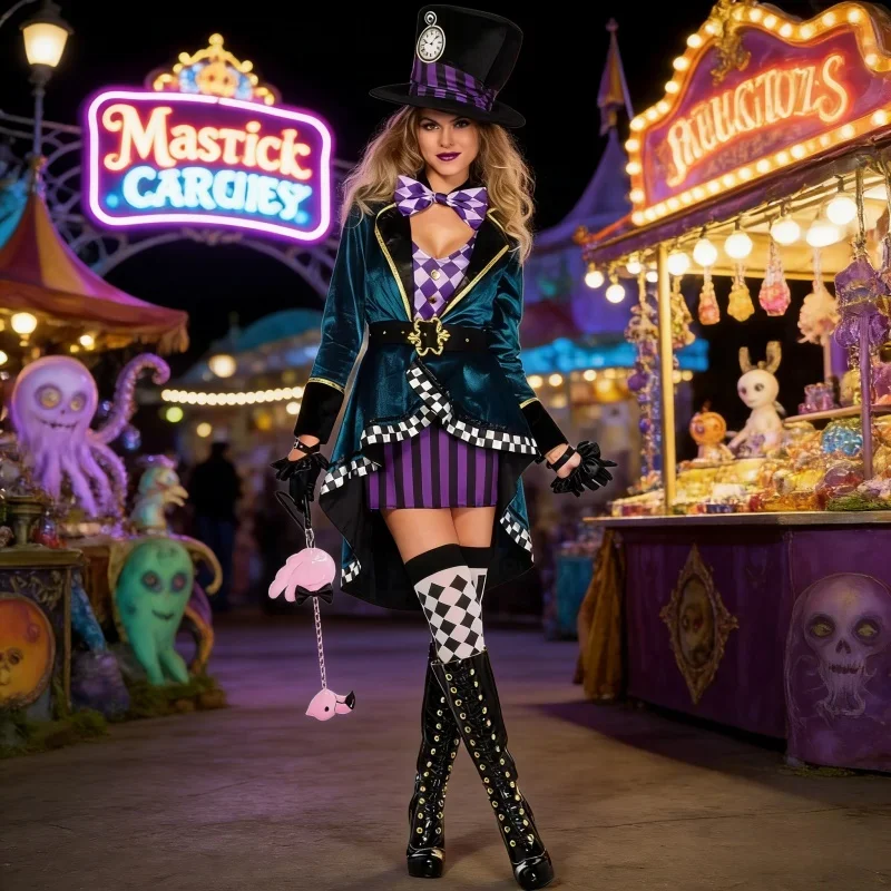 

Костюм для косплея на Хэллоуин в стиле Чудовищного Шляпника из Страны чудес, женский взрослый сказочный смокинг для магических представлений