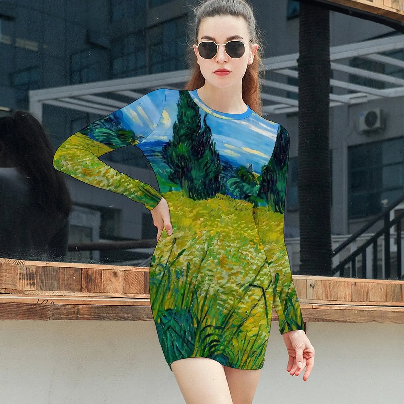 Van Gogh Bodycon Dress Women Green Wheat Field Stylish Dresses Spring Long Sleeve Aesthetic Custom Dress Big Size 2XL