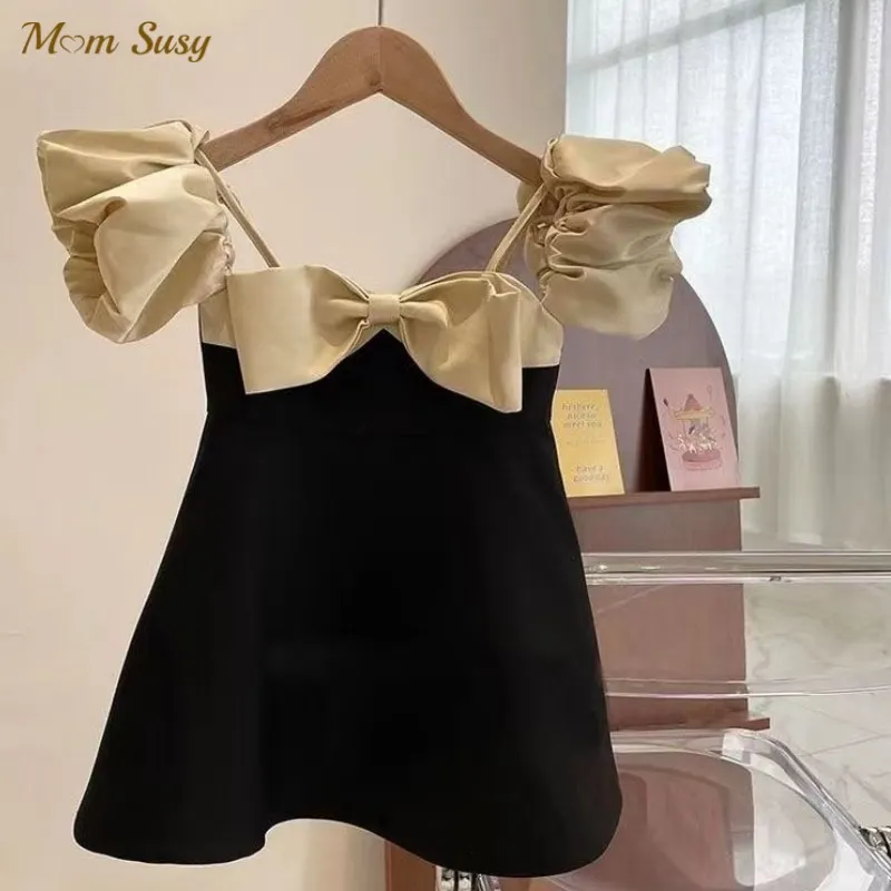 Fashion Baby Girl Princess Big Bow Dress Off Shoulder Toddler Teens Girl Summer Vestido Patchwork Party Baby Clothes 2-14Y