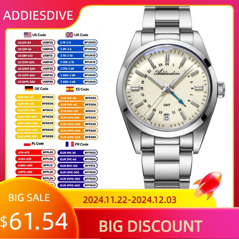 ADDIESDIVE NEW GMT Quartz Watch 36mm Swiss Franc 515-24H Stainless Steel AD2065 Relogio Masculino 100M Dive Luminous Men Watches