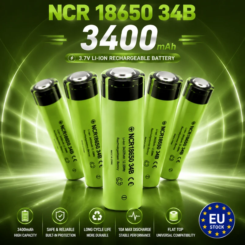Batteria ricaricabile Li-ion 18650 34B NCR 3400mAh 3.7V 10A ad alta capacità con terminale piatto, energia stabile per torce LED, dispositivi elettronici, attrezzature portatili, batteria di ricambio,