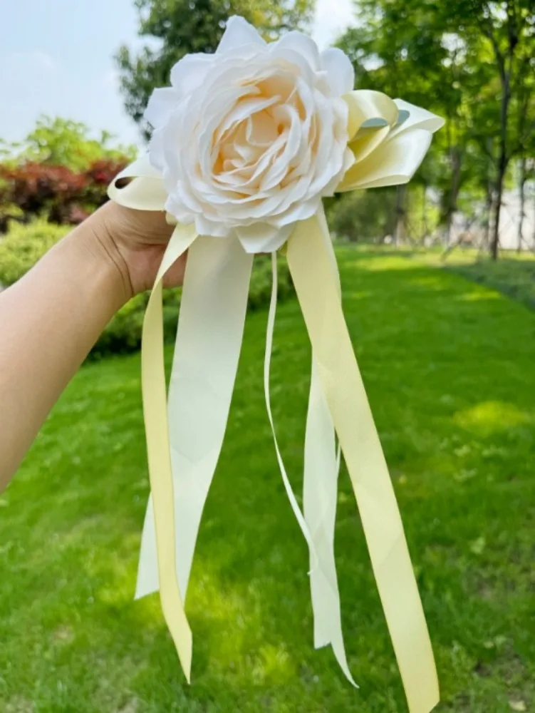 2PCS Rose Rearview Mirror Flower Present Ribbon Light House Decorations Wedding Car Bride Props Wedding Aisle Chair Decorations