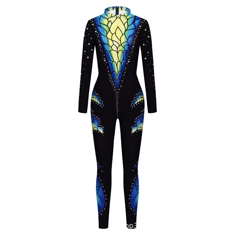 Halloween Sexy Damen Kostüm mit Digitaldruck, Karneval Bodysuit mit Reißverschluss, Party Cosplay Jumpsuit Outfit – Detail 9