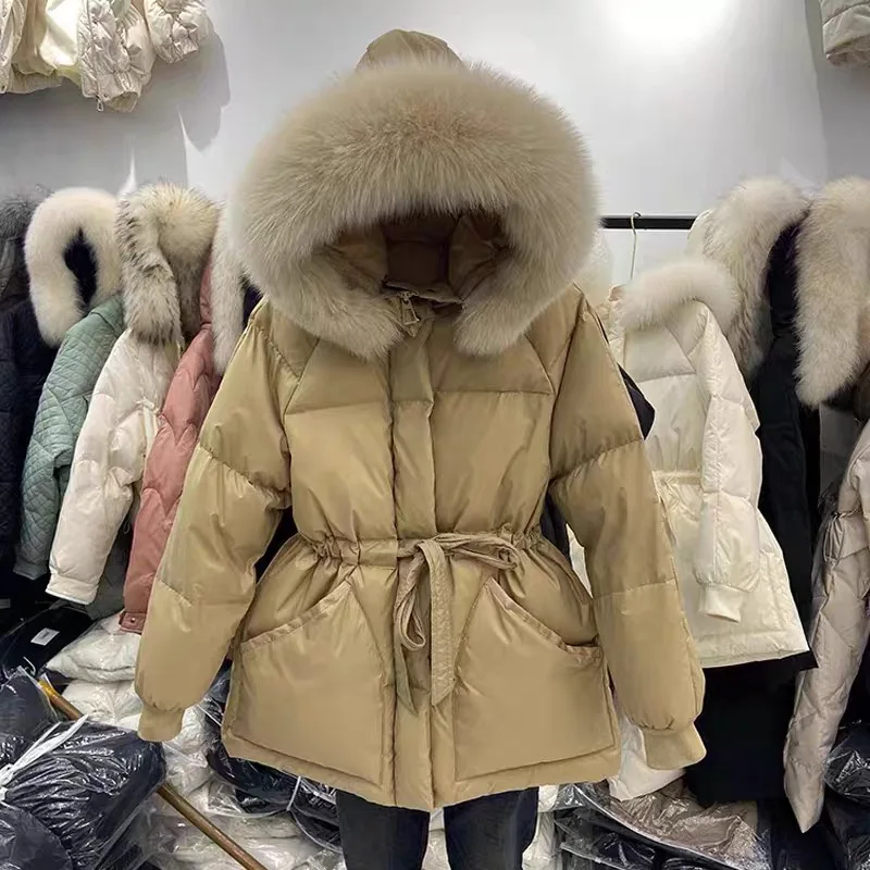 2025 invierno nuevo coreano Sle mujer ort Thiened Cuello de piel con capucha abajo Jaet adelgazante Faion prendas de vestir exteriores abrigo