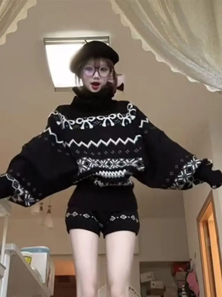 

Вязаный свитер Bla с высоким воротником Fair Isle и вязаный лоскутный женский осенне-зимний комплект Faion, повседневный ансамбль Sle