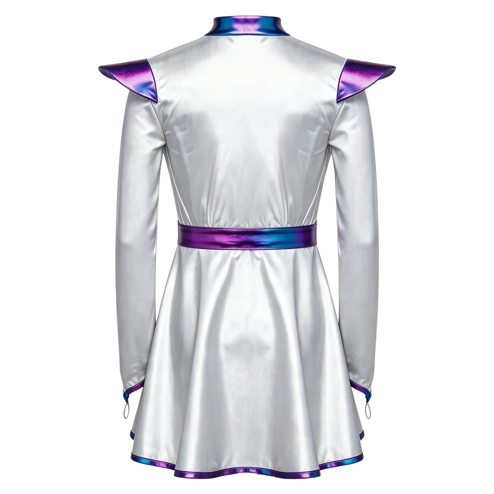 Kids Girls Halloween Alien Costume Long Sleeves Zip Up A-line Tutu Dress with Belt Metallic Shiny Space Robot Astronaut Dress Up
