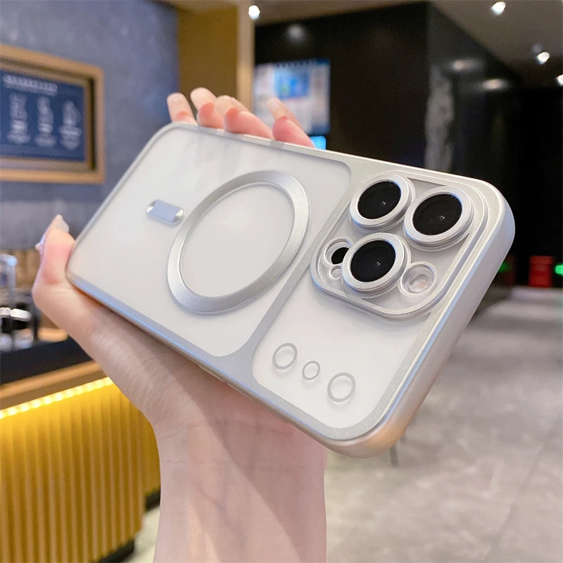 Luxury Plating Frosting Titanium Frame Case For IPhone 17 16 15 14 13 Pro Max Plus Clear Magsafe Magnetic Wireless Charge Cover