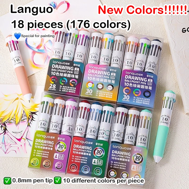 LANGUO 176/10 Colors Art Drawing Multicolor Ballpoint Pen Soft Grip Press Colorful Multifunctional 0.8mm Marking Pen Stationery
