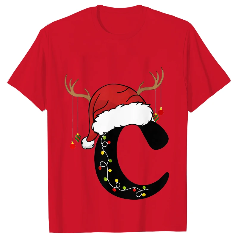 26 A~Z Christmas Alphabet Print T-Shirts Christmas Party Personality Street Christmas Lights Tee Clothing Casual Women Tops