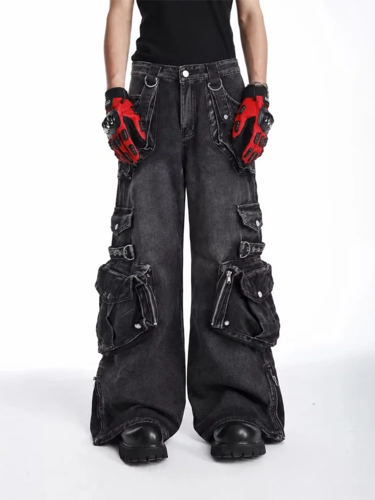 

2026 American Retro Y2K Style Washed Black Baggy Cargo Jeans Pants For Men Clothing Wide Leg Multi Pockets Loose Long Trousers
