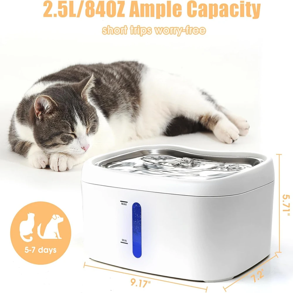 5V Tuya APP Cat Water Fountain 84 oz/2.5L Automatic Fountain Dog Water Fountain Suitable For Stainless Steel Pets Drinking Bowl