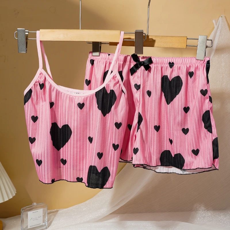 Heart Print Pajama Set Sleeveless Crop Top and Shorts Comfy Sleepwear Loungewear Nightwear Casual Soft T-Shirts Shorts