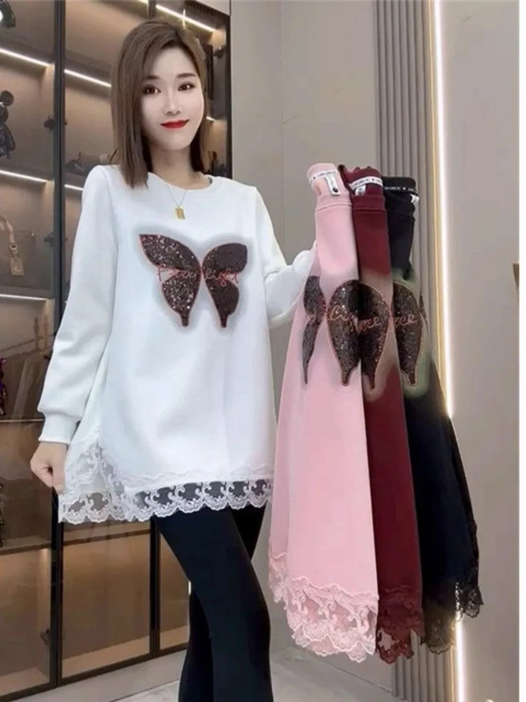 

Женская толстовка Sweet Princ с длинными рукавами, декорированная пайетками и кружевной отделкой, больших размеров, комфортная посадка