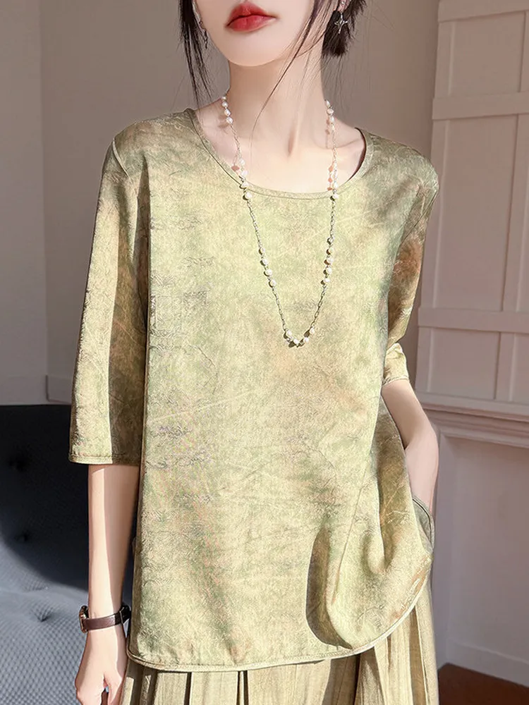 

Elegant Loose Silk T-Shirt Short Sleeve Embroidered Top Slimming Seven-Five Sleeve round Neck Commute Style Shirt