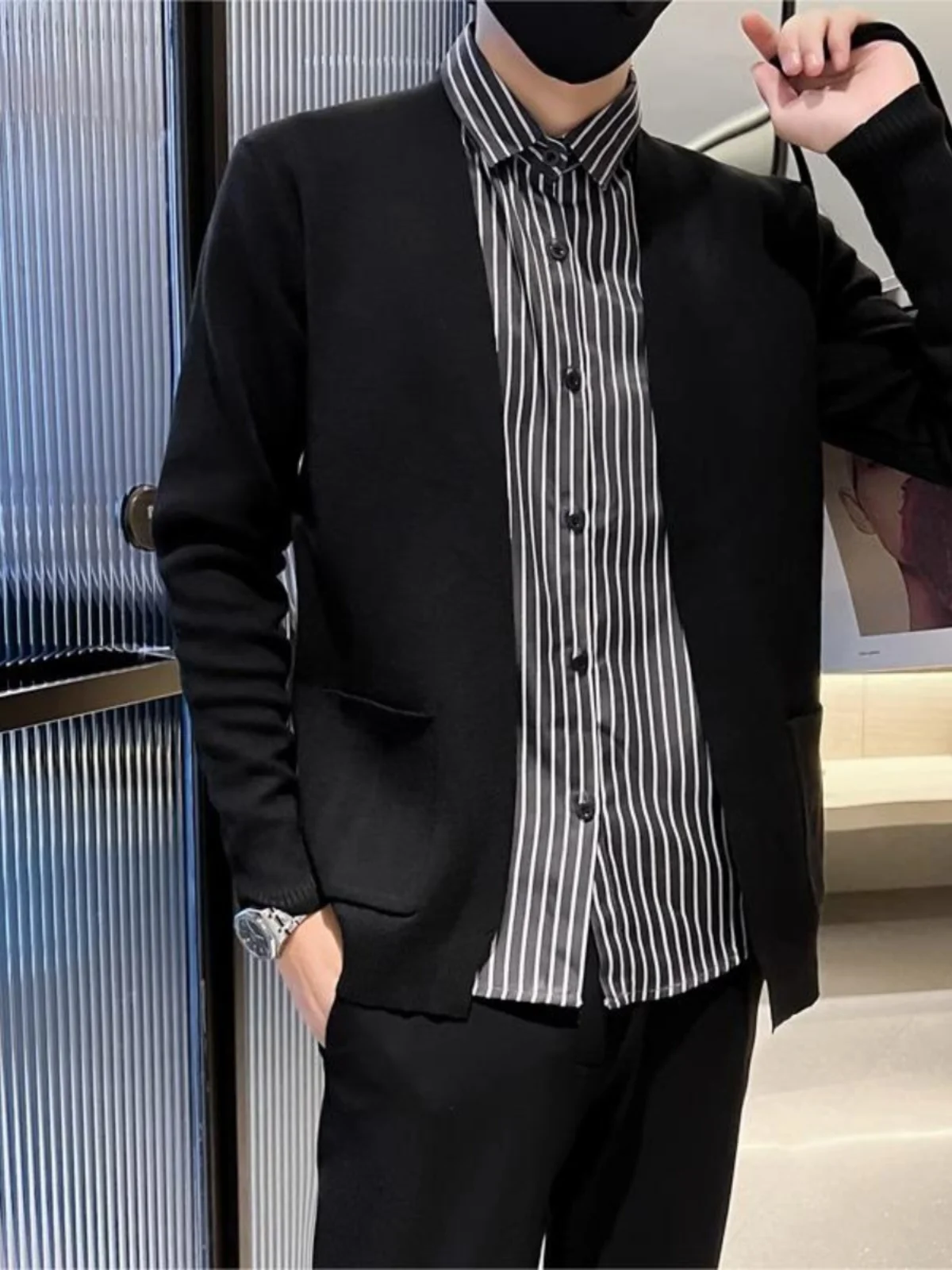 

Мужской вязаный свитер с воротником-стойкой, в полоску, приталенный, имитация двухслойности, модный корейский стиль, повседневный, с длинными рукавами, осень-зима