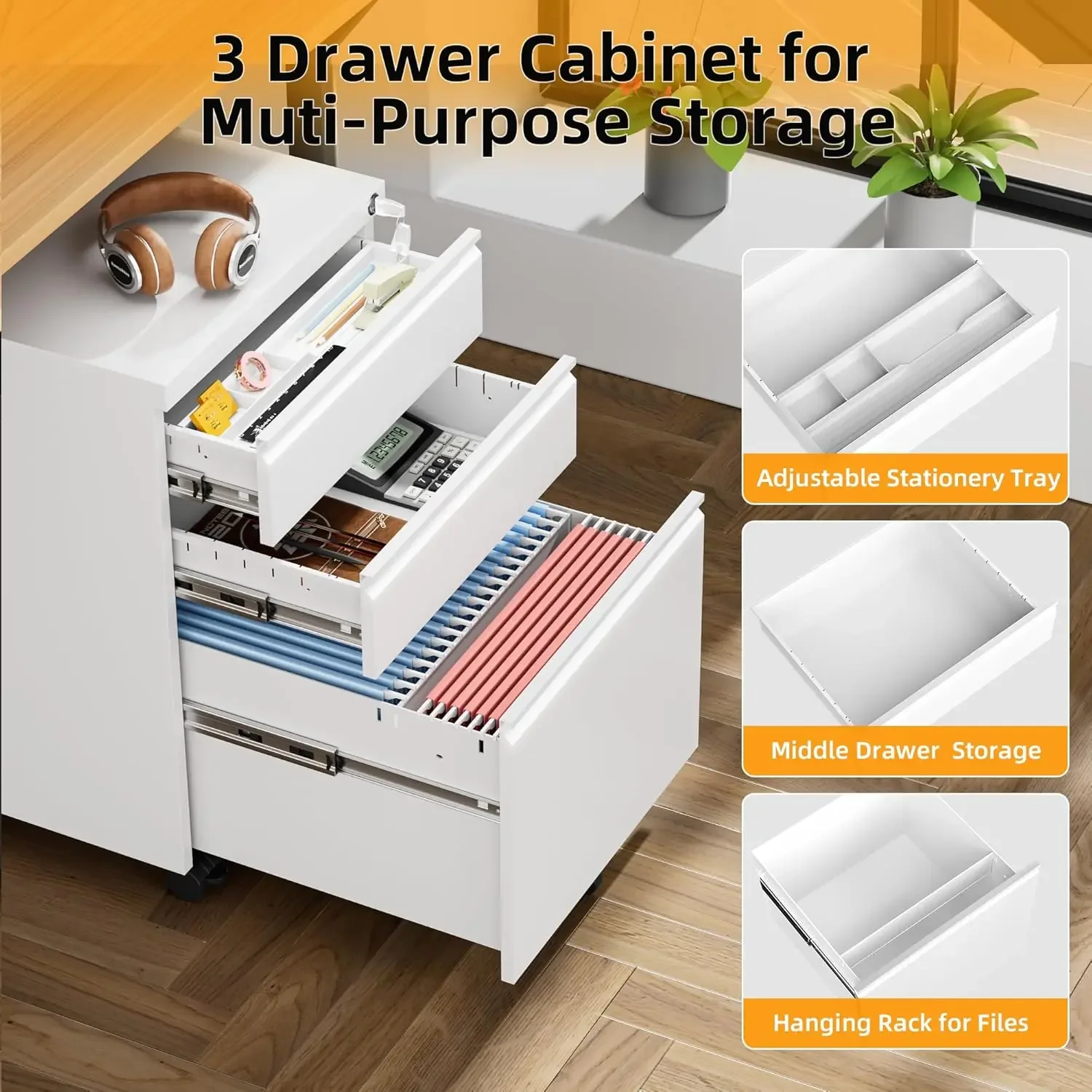 3 Drawer Filing Cabinet with Lock, White Mobile File Cabinet with Wheels, Rolling Small Metal Cabinets Under Desk for