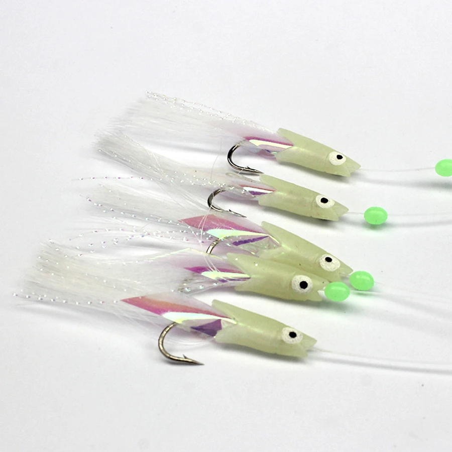 5/25pcs Saltwater Sabiki Rigs Fishing String Hooks with Soft Shrimp Bait Glow Bead Line for Night Fishing Surf Rock Saltwater