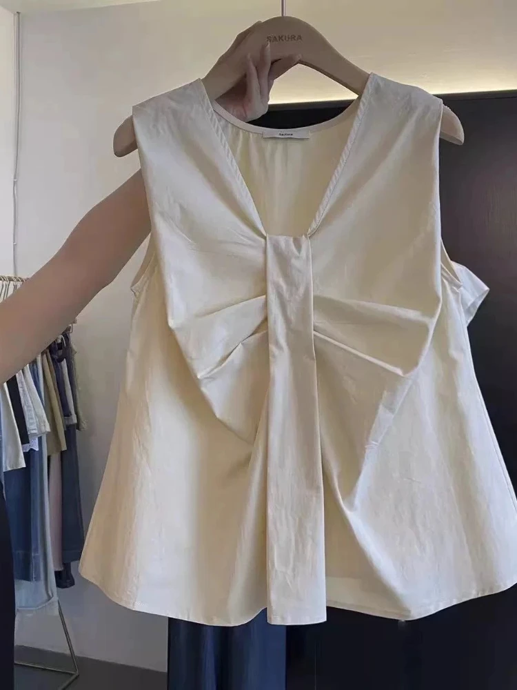 Summer New Blouses Sleeveless V Neck Solid Color Pleated Loose Shirts Fashion Elegant Design Tops All Match Women's Clothing