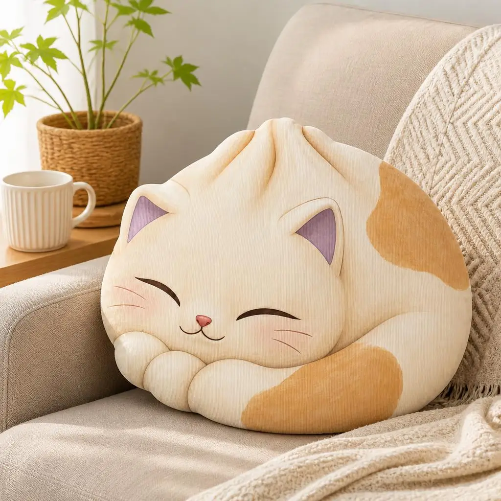 Sleeping Cat Dumpling Pillow Cute Kitty Cushion Stuffed Shaped Throw Pillow Cat Lover Gift for Sofa Bedroom Home Decor Cream