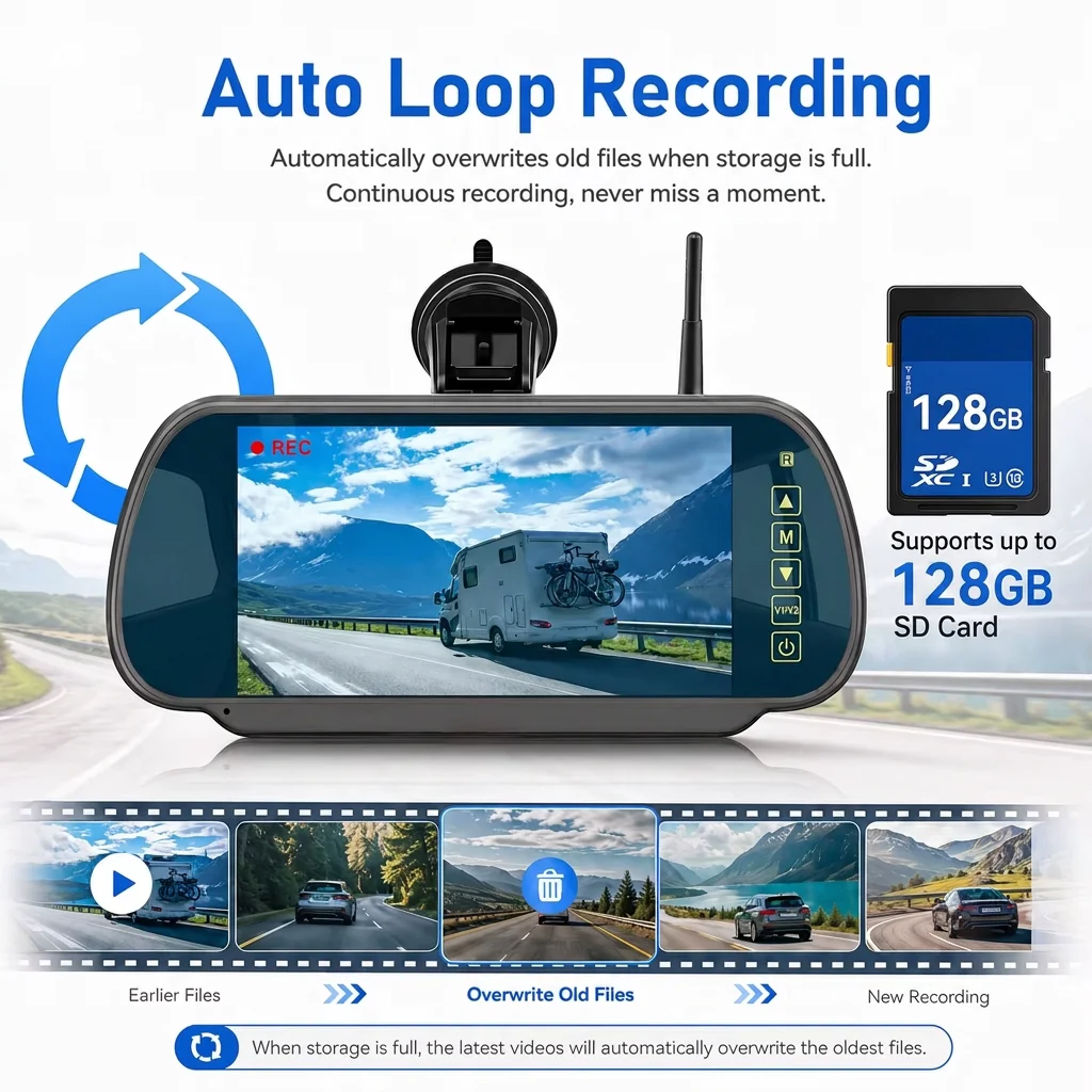 Wireless Solar Backup Camera System 7" Rearview Mirror Monitor 1080P Magnetic Night Vision Dash Cam DVR for Truck RV Pickup view 6