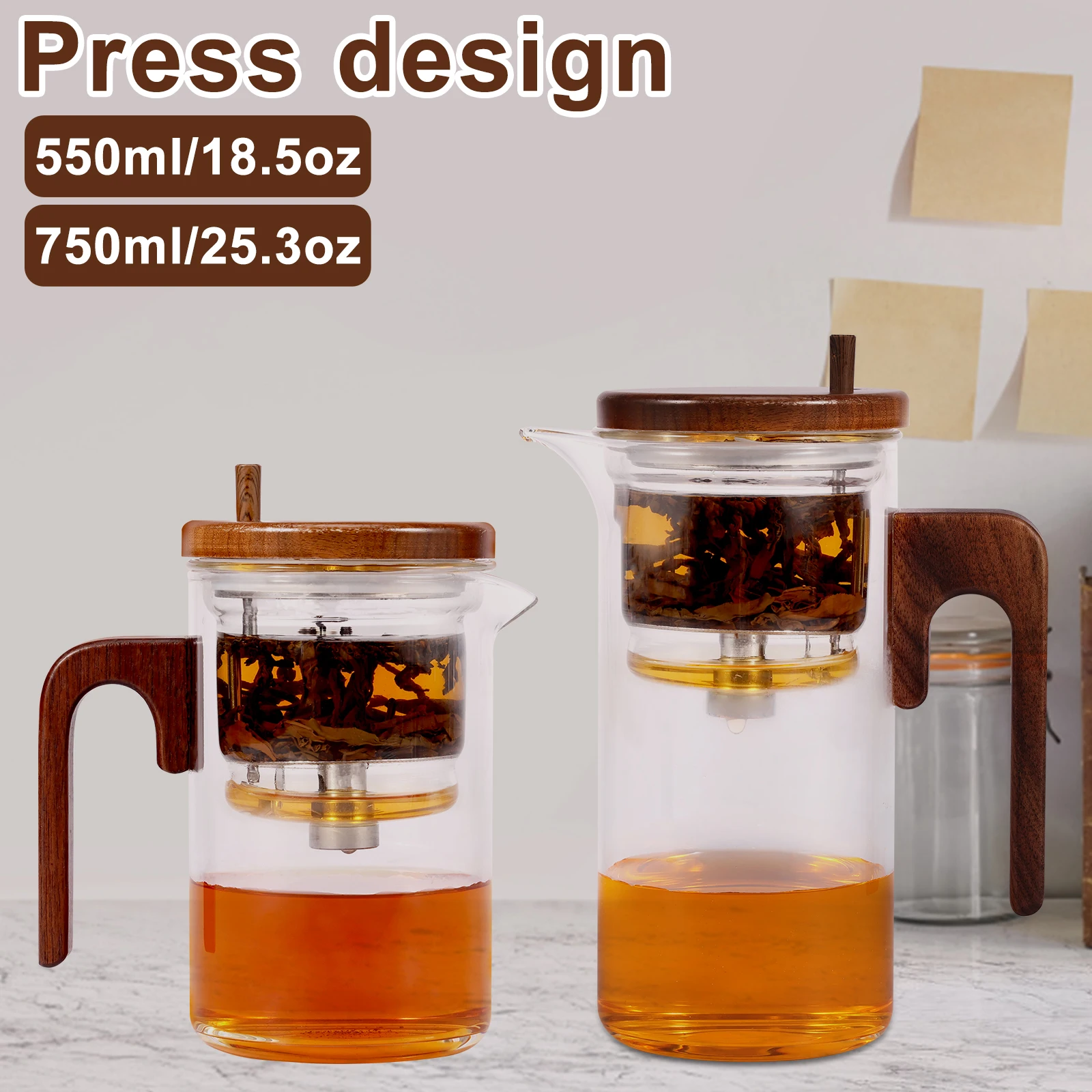 Water Separation Glass Teapot with Wood Handle Leak Proof Glass Tea Infuser Teapot Tea Water Separation Heat Resistant Teapot