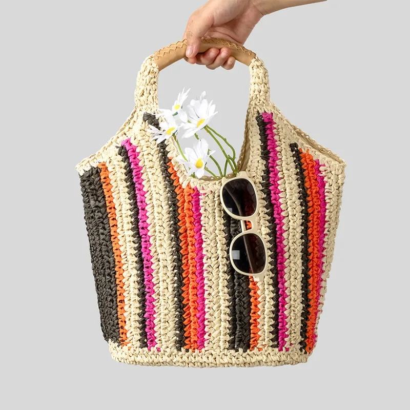 

Новая летняя женская сумка-тоут из плетеной бумаги с яркими полосками, большая вместительная сумка для путешествий и пляжного отдыха