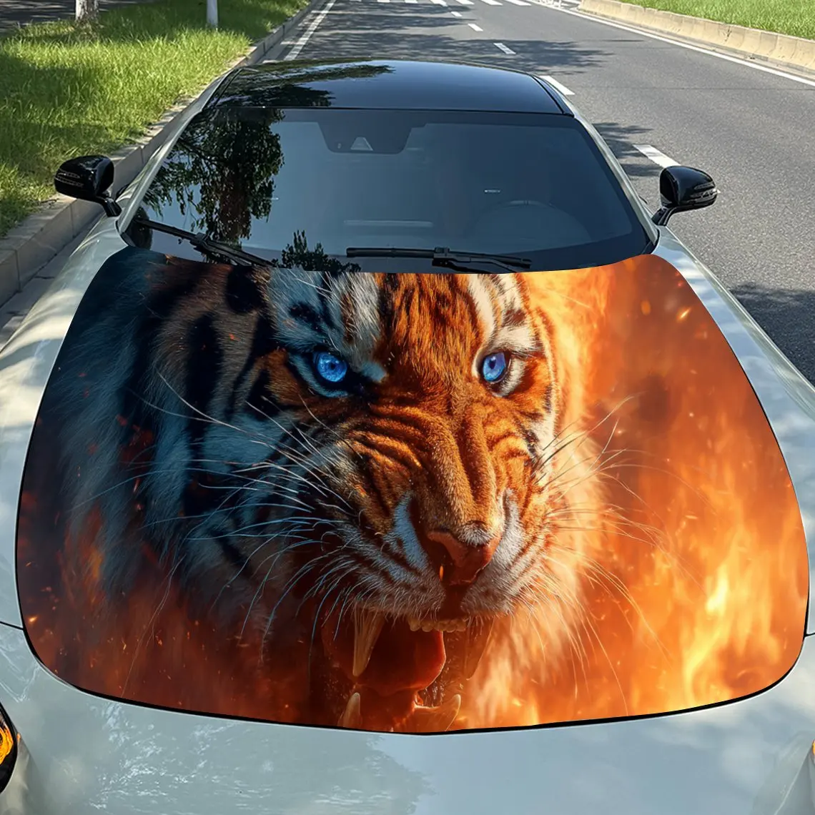 Impressive Fiery Tiger Car Hood Stickers - Self-Adhesive, Waterproof and Durable Vinyl Wrap, Decorate And Protect Your Car - The