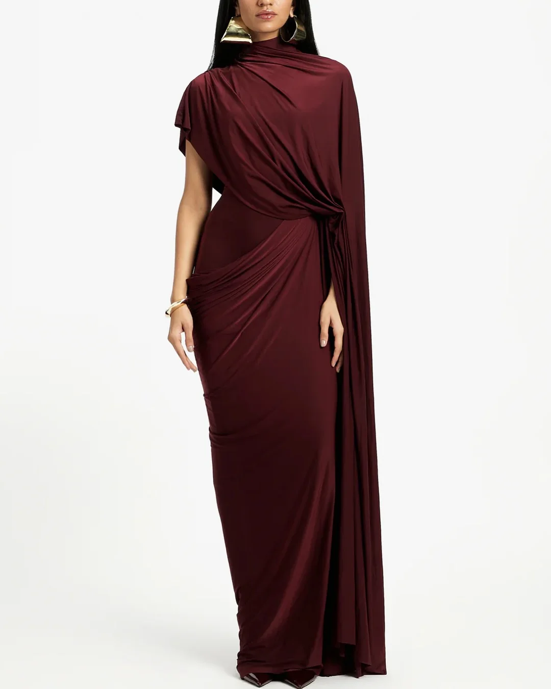 

Customized Formal Jersey One Shoulder Long Sleeves Evening Dresses High Quality High Neckline Prom Dress Custom Size P