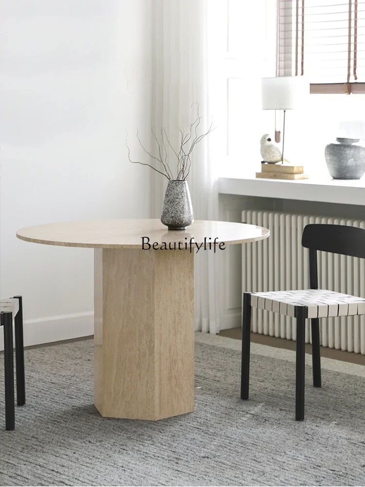 Nordic wabi-sandy travertine rock slab dining table Italian medieval marble round table