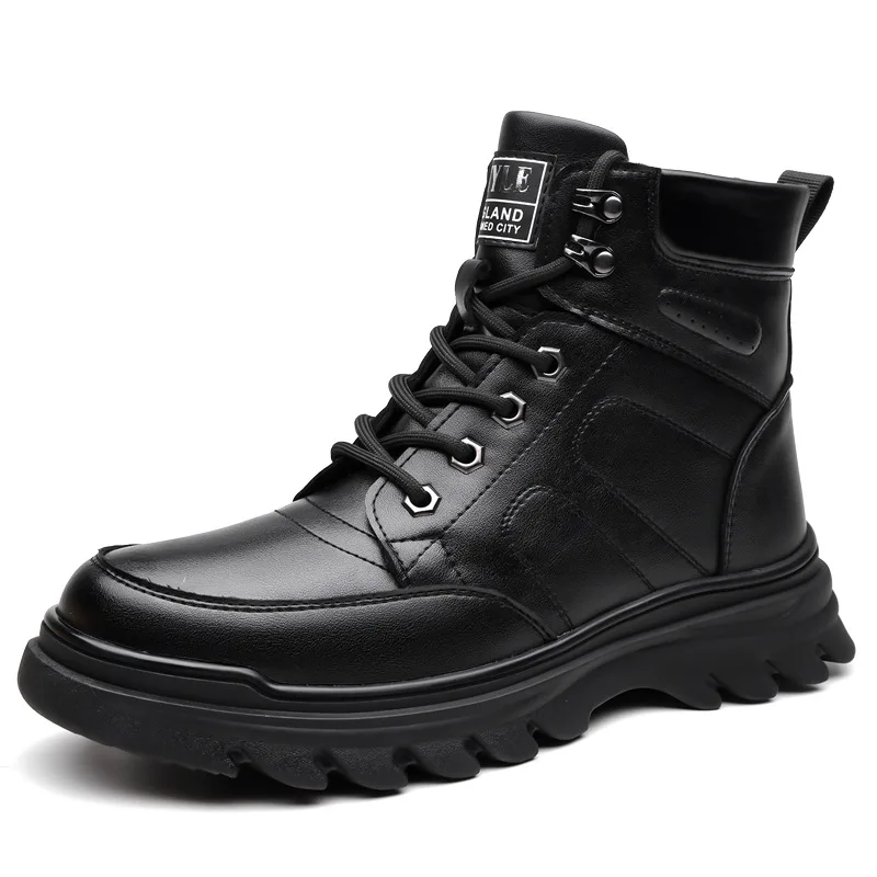 

Winter High Top Warm Cotton Shoes for Men New Designer Black Cow Leather Boots Male Fashion Casual Platform Work Boots Man