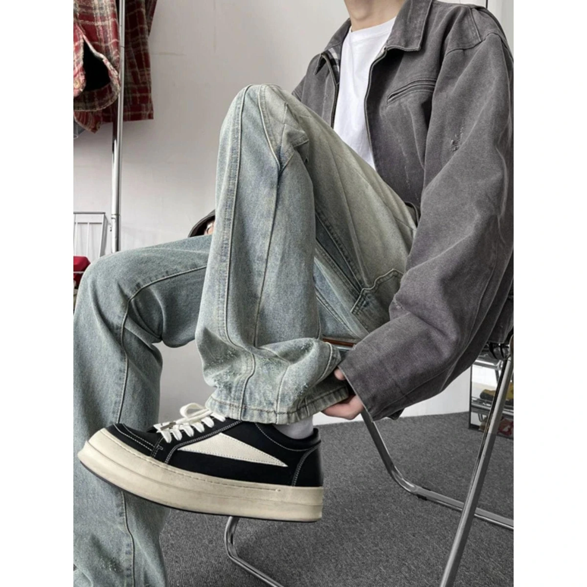 

Retro Blue Men's Jeans Loose Straight Casual Pants American High Street Trendy Brand Waed Casual Trousers for Spring Autumn