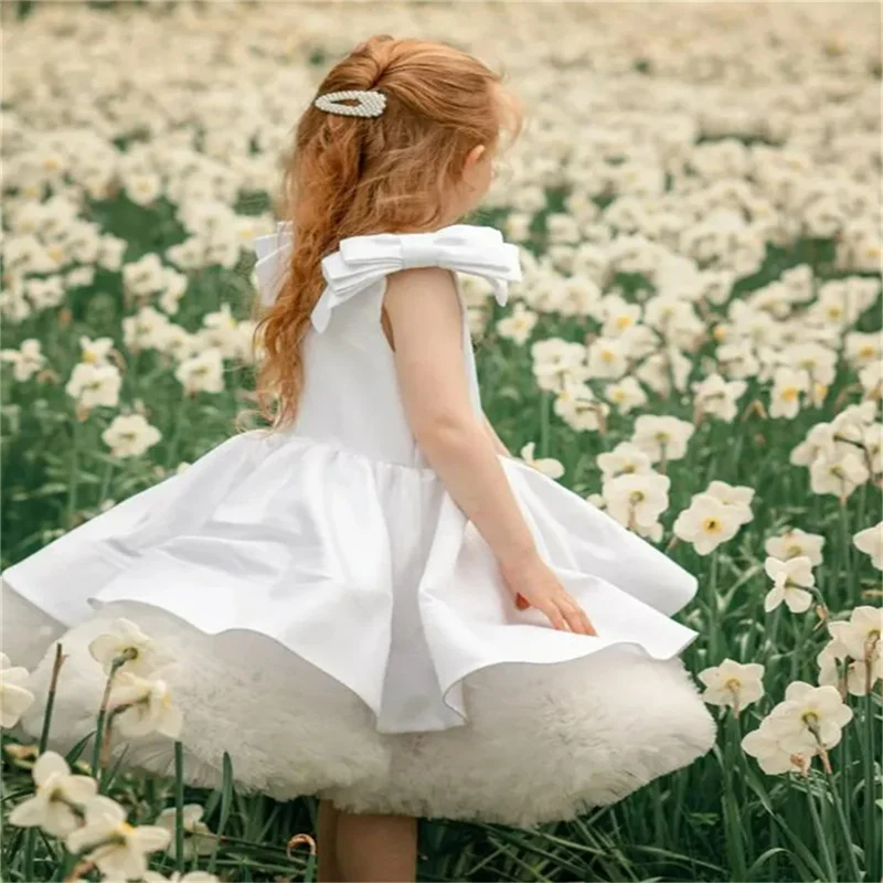 Vestido blanco esponjoso de flores para niña, apliques de lazo con manchas, vestido elegante de flores para boda, Primera Comunión para niño, fiesta de cumpleaños