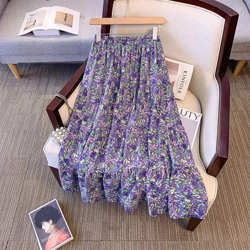 

150Kg Plus Size Women's Hip 170 Summer Print Floral A-Line Skirt High Waisted Large Hem Elegant Skirt Purple 5XL 6XL 7XL 8XL 9XL