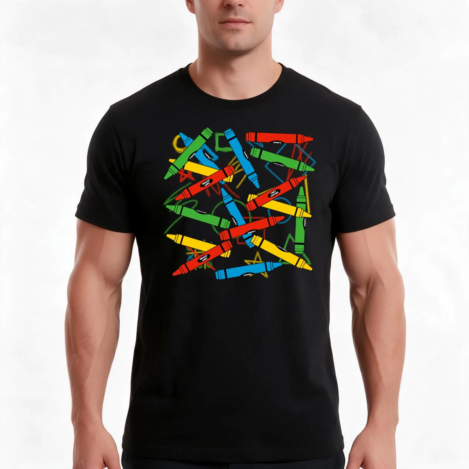 Fancy Crayons - with doodles T-Shirt, Summer Casual Cotton Tee, Oversized Streetwear Tops, Vintage Graphic Print, 100% Cotton