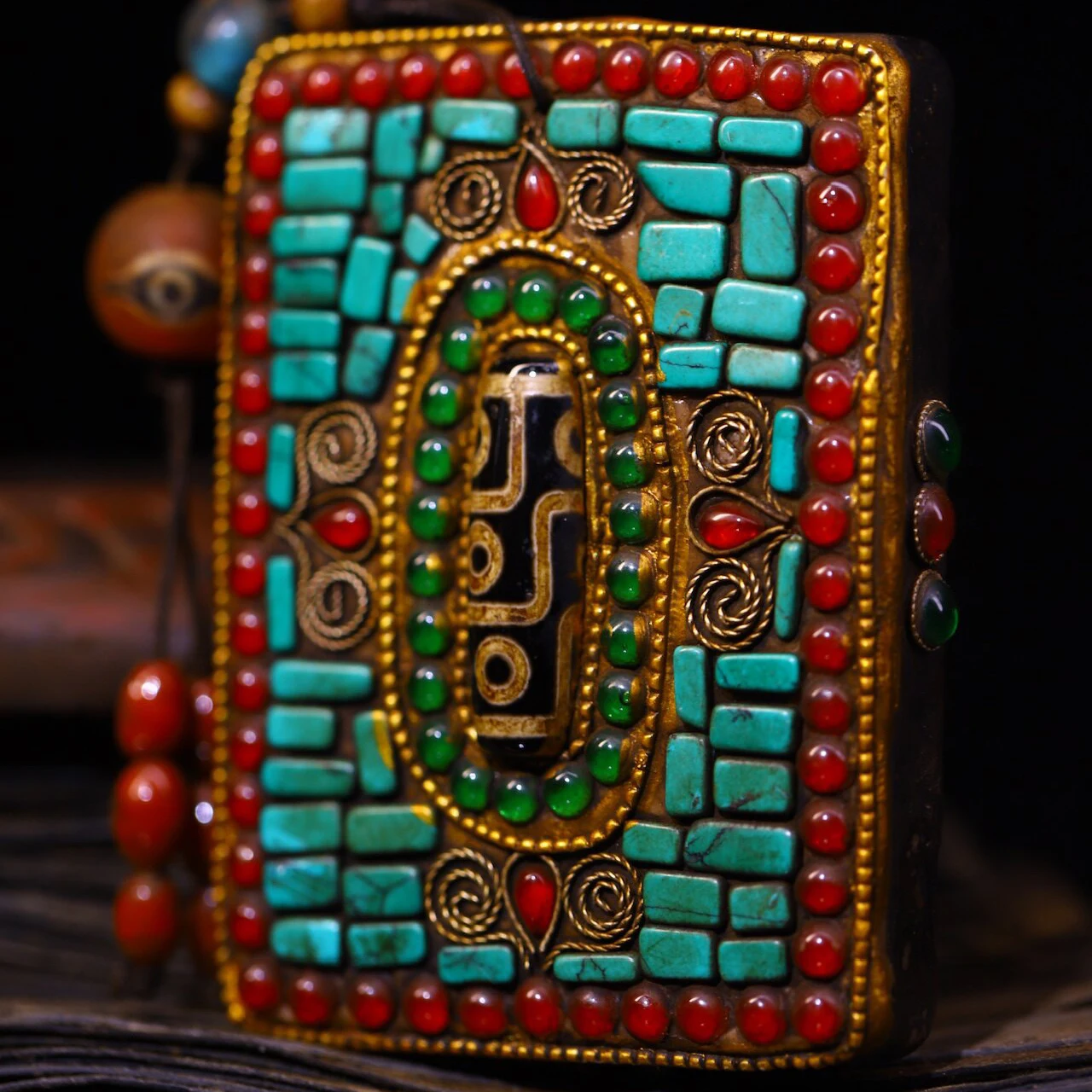 Nepal Handmade Black Iron Manjushri Pendant Gem Agate Dzi Bead Tibetan Buddhist Amulet Necklace