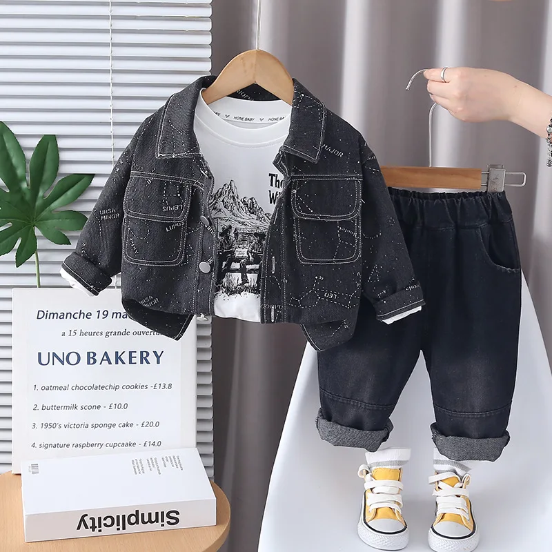 Spring Fashionable Boys' Denim Set Three-Piece Suit Cute Kids' Clothing Korean Style Trendy Spring Autumn Wear for Children