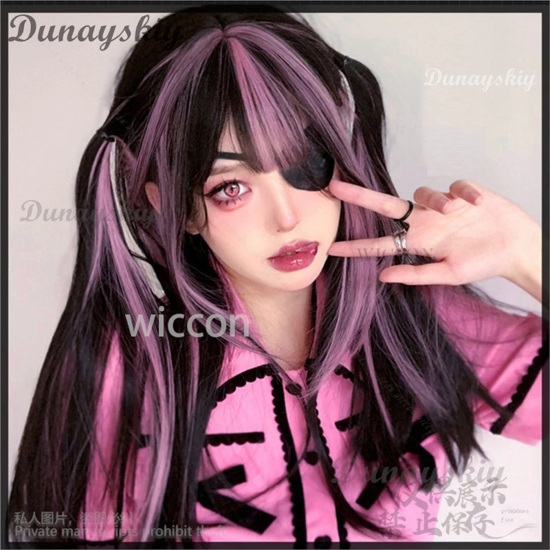 Anime KAnge Y2K Hot Girls Pink Black Highlights Double Ponytail Wigs Blindfold Jirai Kei Egirls Styles Cosplay Halloween Game