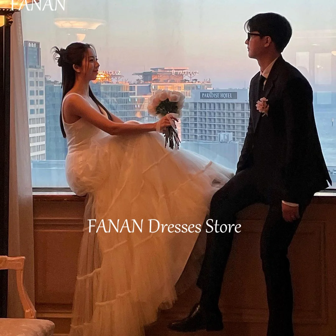 FANAN V-Neck Korea A-Line Wedding Dresses Sleeveless 웨딩드레스 Ivory Simple Elegant Tulle Pleated Custom Made Bride Gowns Plus Size