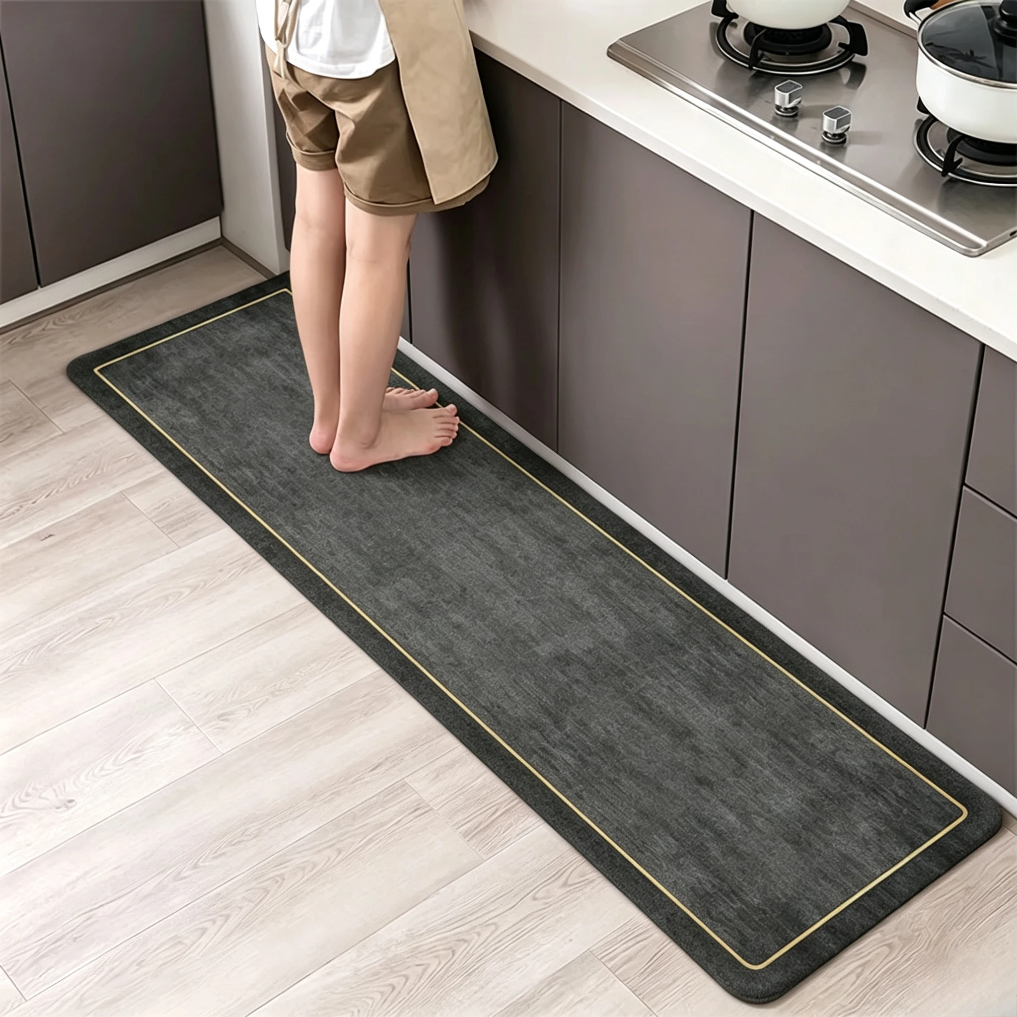 Premium Golden Trim Kitchen Runner Rug Minimalist Frame Graphic Floor Mat Household Home Decor for Cooking Area Hallway Indoor