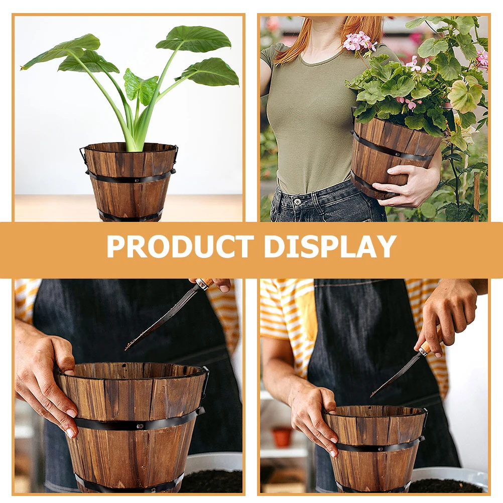 

Wooden Barrel Planter Eco Friendly Durable Flower Pot Carbonized Round Vegetable Plant Container Gardening Decor
