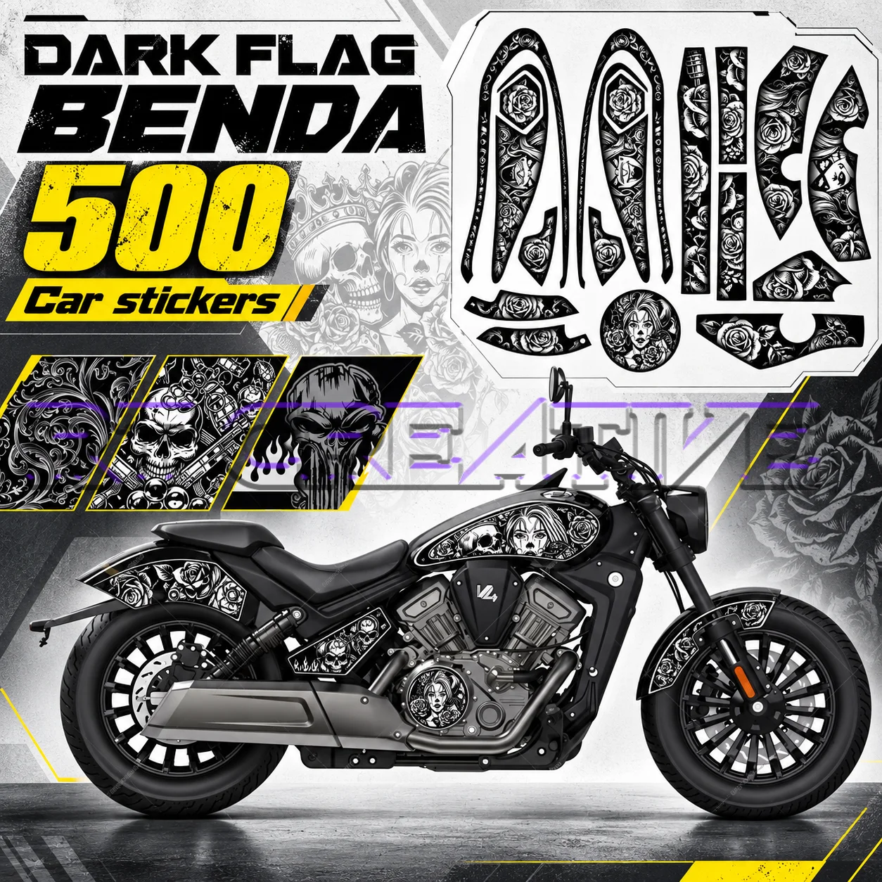 Motorcycle Retro Pattern Waterproof Decal Fit Benda Darkflag 500 V4 Black Flag 500 Mod Stickers
