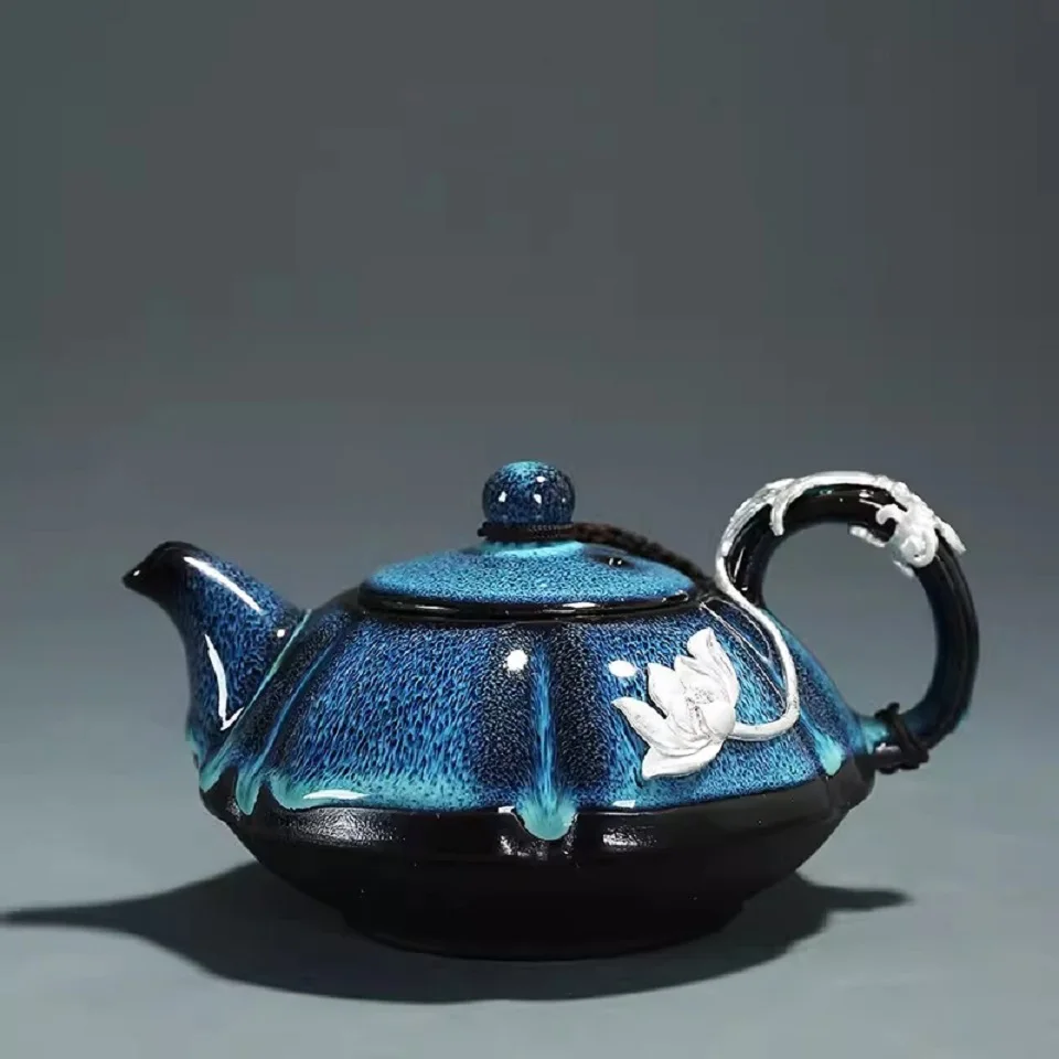 Kiln Transformation Tianmu Tea Pot  Silver Decorated Tea Pot Ceramic Household  Japanese Gilded  Glazed Tea Yao