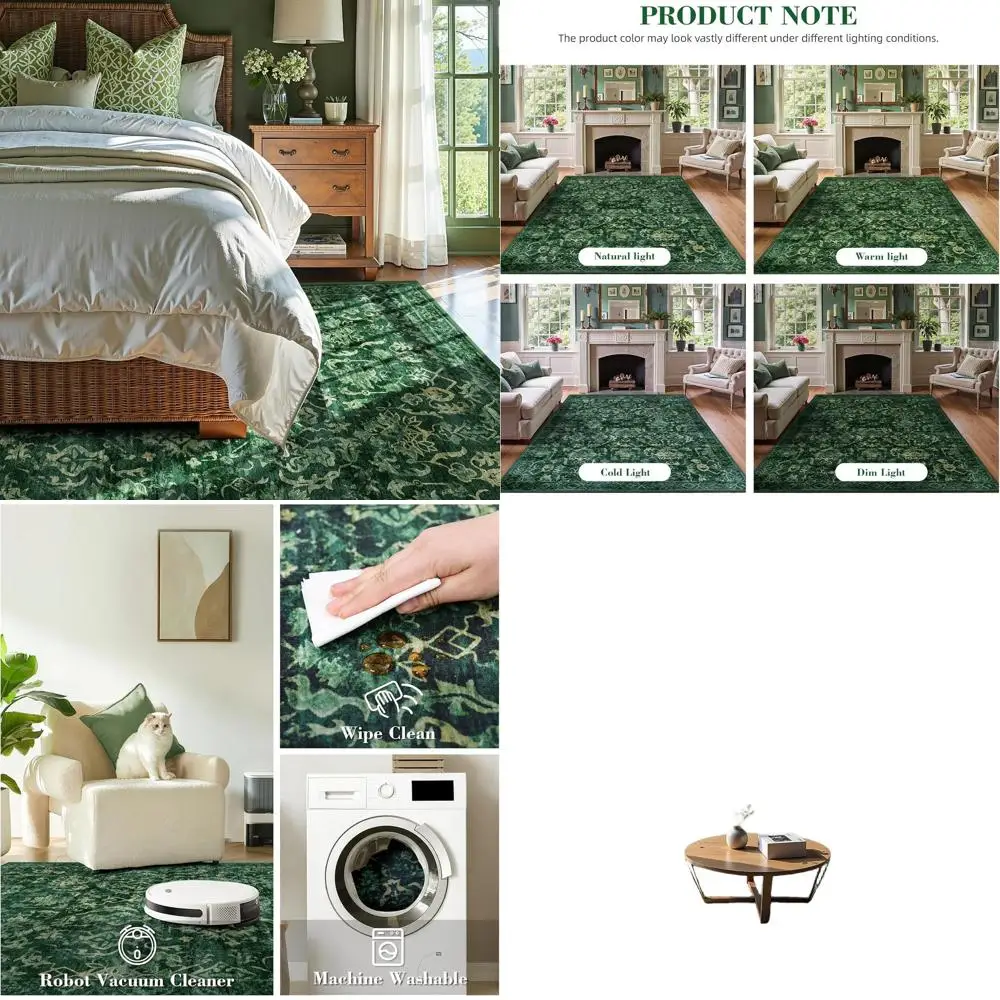 

5x7 Dark Green Vintage Rug - Washable, Soft, Thin for Living Spaces, Traditional Farmhouse Style Accent Carpet for Home Office