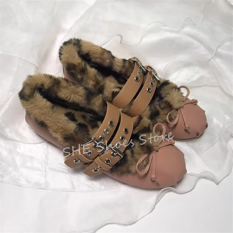 

Leopard Print Plush Splicing Women Mary Janes Pumps Winter Warm Ballet Shoes Ladies Butterfly-Knot Decor Round Toe Flats